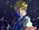  1boy ascot blonde_hair blue_ascot blue_eyes blurry closed_mouth commentary_request frown gyakumushi high_collar long_sleeves looking_at_viewer male_focus outstretched_hand pokemon pokemon_(game) pokemon_xy shirt short_hair siebold_(pokemon) solo upper_body water water_drop white_shirt 