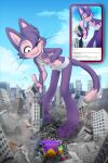 absurd_res angelickiddy anthro avian bird blue_sky bra building cellphone cheeky city clothing cloud comments cutaway day debris destruction dragon_ball dragon_ball_(object) electronics fan_character felid feline female flicking fur hi_res leaning leaning_forward macro mammal mouth_closed navel one_eye_closed oversized_object panties phone phone_charm photo popsocket purple_body purple_fur sky smartphone smile social_media solo stomping sunny tail touching_cheek underwear whiskers white_bra white_clothing white_panties white_underwear wink