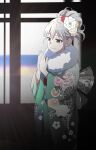  1girl blush floral_print flower fur-trimmed_collar fur-trimmed_kimono fur_trim gesugesu_ahoaho green_kimono grey_eyes hair_between_eyes hair_flower hair_ornament japanese_clothes kimono looking_away monogatari_(series) obi oikura_sodachi owarimonogatari own_hands_together ponytail praying print_kimono sash silver_hair smile solo wide_sleeves 