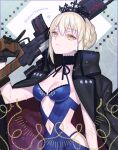  1girl artoria_pendragon_(alter_swimsuit_rider)_(fate) artoria_pendragon_(fate) bangs bare_shoulders black_coat black_gloves blonde_hair blue_dress blush braid breasts cleavage clothing_cutout coat coat_on_shoulders dress fate/grand_order fate_(series) french_braid gloves gun hair_bun long_hair long_sleeves looking_at_viewer medium_breasts navel navel_cutout open_clothes open_coat sara_(kurome1127) sidelocks solo tiara weapon yellow_eyes 