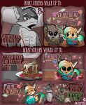 2025 5_fingers abs absurd_res accessory antennae_(anatomy) anthro arm_grab armor artist_name asian_clothing azazel_(fruittea) bare_chest bastien_(fruittea) belt berry bottomwear brown_body brown_eyebrows brown_fur canid canine canis cheek_markings chest_scar clothing collared_shirt colored comic cutlery digital_drawing_(artwork) digital_media_(artwork) dipstick_ears ear_markings ear_scar ear_tunnel east_asian_clothing english_text eye_scar eyebrows facial_markings facial_scar femboy fingers flower food fototeta fox fruit fruittea fur gesture gloves_(marking) green_clothing green_hair green_shirt green_topwear grey_body grey_eyebrows grey_fur grey_inner_ear_fluff group hair handwear head_markings head_tuft headgear heart_symbol helmet hi_res inner_ear_fluff japanese_clothing kimono kitchen_utensils leaf leg_markings male male/male mammal markings multicolored_body multicolored_ears multicolored_fur muppets ogling orange_body orange_fur pancake pants pith_helmet plant pupils question_mark red_bottomwear red_clothing red_pants safari_shirt scar seraph_(fruittea) shirt side_by_side signature slit_pupils smile socks_(marking) spoon standing star text tools topwear trio tuft waist_bow waving waving_at_viewer white_sclera wolf yellow_sclera