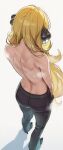  1girl ai-generated ass back belt black_belt black_pants black_shoes blonde_hair commentary_request cynthia_(pokemon) facing_away from_above from_behind full_body hair_ornament high_heels long_hair pants pokemon pokemon_dppt shoes simple_background solo topless_female ueponzu very_long_hair white_background 