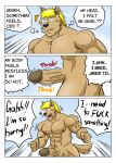  abs angry anthro balls big_muscles blonde_hair blue_glow brown_penis canid canine canis clenched_fists cloud comic dialogue domestic_dog english_text erection genitals glans glowing glowing_eyes gusset hair hi_res humanoid_genitalia humanoid_penis male mammal muscular muscular_anthro muscular_male nipples onomatopoeia outside pecs penis profanity sky solo sound_effects standing text thought_bubble throbbing_penis vein veiny_arms veiny_penis vju79 wolf yelling 