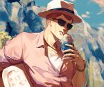  1boy brown_hair buzz_cut cocktail_glass cup drinking_glass drinking_straw fedora formaggio grin hat jewelry jojo_no_kimyou_na_bouken male_focus mountain necklace pink_shirt red_hair shirt short_hair smile solo sunglasses very_short_hair yepnean 