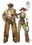  1boy 2girls boots cowboy cowboy_boots cowboy_hat cowboy_shot cowboy_western cowgirl_(western) father_and_child father_and_daughter foo_fighters_(jojo) hat highres horse_girl jojo_no_kimyou_na_bouken kujo_jolyne kujo_jotaro moonnacorn multiple_girls parent_and_child steel_ball_run stone_ocean topless_male 