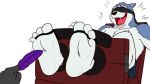 4_toes anthro black_nose blindfold blue_body blue_fur canid canine canis chaos99 domestic_dog duo exile_(road_rovers) feet foot_fetish foot_focus fur hi_res holding_feather husky laugh loose_feather male mammal multicolored_body multicolored_fur nordic_sled_dog open_mouth open_smile purple_loose_feather restrained restraints road_rovers smile soles solo_focus spitz stocks teeth tickle_fetish tickle_torture tickling tickling_feet toe_restraints toes tongue two_tone_body two_tone_fur white_body white_fur