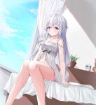  1girl absurdres alarm_clock arms_at_sides babydoll bare_legs bare_shoulders black_bow black_panties blue_eyes blue_sky blush bow bow_babydoll breasts cleavage clock closed_mouth cloud collarbone commentary crossed_bangs day dutch_angle feet_out_of_frame hair_between_eyes hair_ornament hairclip highres indoors knees_together_feet_apart long_hair looking_at_viewer low-tied_long_hair medium_breasts navel nomi_(gpjg7877) on_bed original panties plant potted_plant side-tie_panties sidelighting sitting sky smile solo strap_slip stuffed_animal stuffed_toy teddy_bear thighs underwear untranslatable_commentary very_long_hair white_babydoll white_hair window 