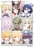  1boy 6+girls absurdres animal_ears black_ribbon blonde_hair blue_archive blue_eyes blue_hat blush chibi chibi_inset chihiro_(blue_archive) cliff_unger closed_eyes commentary crossover death_stranding don_quixote_(project_moon) ekoru facial_hair flower followers_favorite_challenge fox_ears fox_girl fujita_kotone gakuen_idolmaster glasses hair_between_eyes hair_flower hair_ornament hair_ribbon hairband halo hat heart heart-shaped_pupils hifumi_(blue_archive) highres holding idolmaster japanese_clothes limbus_company long_hair mads_mikkelsen mayo_(trickcal) mika_(blue_archive) mika_(swimsuit)_(blue_archive) multiple_crossover multiple_drawing_challenge multiple_girls nonomi_(blue_archive) one_eye_closed open_mouth own_hands_together peroro_(blue_archive) pink_flower pink_hair pink_hairband project_moon ribbon sensei_(blue_archive) short_hair sparkle symbol-shaped_pupils trickcal untranslatable_commentary wakamo_(blue_archive) wakamo_(valentine)_(blue_archive) 