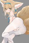  1girl animal_ear_fluff animal_ears arknights ass bangs bare_shoulders blue_hairband blue_ribbon blush braid closed_mouth covering covering_crotch crying crying_with_eyes_open embarrassed eyebrows_visible_through_hair feet fox_ears fox_girl green_eyes grey_background hair_rings hairband highres mikojin multiple_tails no_shoes oripathy_lesion_(arknights) pantyhose ribbon simple_background soles solo suzuran_(arknights) tail tears white_legwear 