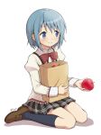  1girl apple bag black_skirt black_socks blue_eyes blue_hair bow bowtie brown_shoes closed_mouth commentary_request food fruit full_body highres holding holding_bag holding_food holding_fruit kneehighs light_blush loafers looking_ahead mahou_shoujo_madoka_magica miki_sayaka miniskirt paper_bag plaid_clothes plaid_skirt purigetsu red_bow red_bowtie school_uniform shirt shoes short_hair sidelocks simple_background sitting skirt smile socks solo twitter_username wariza white_background white_shirt 