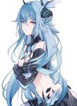  1girl artist_name bare_shoulders blue_hair braid breasts cleavage closed_mouth commentary_request crossed_arms hair_between_eyes half_up_braid highres lamia:_lost_lullaby_(pgr) lamia_(pgr) long_hair mechanical_arms medium_breasts navel punishing:_gray_raven purple_eyes simple_background solo stomach upper_body uriuritei white_background 