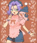  1boy apron commentary_request crossdressing crossdressing_(mtf) green_eyes hair_ribbon happy highres james_(pokemon) looking_at_viewer macchiromomomo maid_apron maid_headdress mime_jr. orange_background pokemon pokemon_(anime) pokemon_(classic_anime) purple_hair ribbon team_rocket 