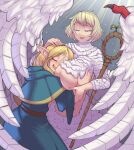  2girls absurdres ambrosia_(dungeon_meshi) between_breasts blonde_hair blue_capelet blue_robe blush body_fur breasts capelet centauroid chimera closed_eyes commentary cowboy_shot detached_hood drooling dungeon_meshi elf english_commentary falin_touden falin_touden_(chimera) feathered_wings feathers grabbing_another's_breast groping hair_between_eyes head_between_breasts headpat highres hood hooded_capelet huge_breasts kittenboogers light_rays long_hair long_sleeves marcille_donato monster_girl mouth_drool multiple_girls nose_blush open_mouth pointy_ears robe short_hair sidelocks smile sprout staff standing taur underboob white_feathers wings yuri 