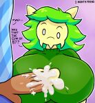 anthro arthropod blue_clothing blue_shirt blue_topwear bodily_fluids breast_play breasts cleavage_cutout clothing cum cum_between_breasts cum_on_clothing cum_on_penis cum_on_self cutout dialogue duo female genital_fluids genitals green_hair hair hi_res human insect louse male male/female mammal penis sex shirt sierra_(spicysierra) spicysierra stuck stuck_penis sweater tan_body titfuck topwear yellow_body