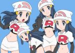  1girl beanie black_gloves blue_background boots clenched_hands closed_mouth commentary_request cosplay cropped_jacket dawn_(pokemon) elbow_gloves eyelashes gloves grey_eyes hainchu hair_ornament hairclip hat highres jacket jessie_(pokemon) jessie_(pokemon)_(cosplay) logo long_hair multiple_views navel open_mouth pokemon pokemon_(anime) pokemon_dppt_(anime) sidelocks simple_background skirt thigh_boots thighhighs tongue w_arms white_headwear white_jacket white_skirt 