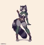 2025 anthro armwear artist_name big_breasts biped black_hair breasts clothed clothed_anthro clothed_female clothing colored digital_media_(artwork) digitigrade elbow_gloves eyes_closed female fenavi_(rikka_6669) fingers fluffy fluffy_tail front_view full-length_portrait fur gesture gloves green_clothing green_gloves green_handwear green_legwear green_thigh_highs grey_body grey_fur grey_hair hair handwear hi_res humanoid_hands legwear long_tail mammal medieval medium_hair pixel_(artwork) portrait pose procyonid raccoon shaded shadow simple_background small_waist smile sogemaji solo standing tail tan_background text thigh_highs waving waving_at_viewer white_body white_fur