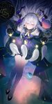  1girl absurdres bare_shoulders black_shoes blending blue_dress bow breasts circle constellation crown dress earrings frilled_dress frilled_sleeves frills galaxy highres jewelry light_(nightty45) mini_crown original purple_eyes shoes shooting_star single_earring star-shaped_pupils star_(symbol) symbol-shaped_pupils thigh_strap white_hair 