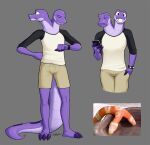  anthro badroy biped bottomwear clothing looking_at_object looking_at_phone looking_at_viewer looking_at_watch looking_away male multi_head pants plantigrade reptile scalie shirt snake solo standing thick_tail topwear 