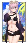  1girl absurdres animal_ear_fluff animal_ears arknights bare_shoulders beach bikini bikini_under_clothes black_choker black_shorts blue_sky blush border breasts chewycandy choker cleavage closed_mouth cloud collarbone day eyewear_on_head food fruit glasses highres holding jacket lin_yuhsia_(arknights) long_hair long_sleeves looking_at_viewer medium_breasts mouse_ears navel open_clothes open_fly open_jacket open_shorts outdoors outside_border purple_eyes purple_hair purple_jacket round_eyewear short_shorts shorts sky solo stomach swimsuit watermelon white_border yellow-framed_eyewear 