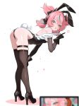 1girl absurdres angel_wings animal_ears aqua_streaks aria_(zenless_zone_zero) arm_on_knee ass bare_back belle_(zenless_zone_zero) bent_over black_gloves black_thighhighs blush bow breasts camera commentary covered_navel detached_collar elbow_gloves fake_tail fang four-pointed_star gloves hair_bow headphones high_heels highleg highleg_leotard highres leg_wrap leotard looking_at_viewer multicolored_hair multiple_hair_bows open_mouth pink_hair playboy_bunny pointing quad_tails rabbit_ears rabbit_tail shusuchii skin_fang skindentation small_breasts streaked_hair sweat tail thigh_strap thighhighs untranslatable_commentary white_background wings zenless_zone_zero 
