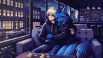 2024 animated anthro artist_name bar bar_stool beverage biped black_bottomwear black_clothing black_hoodie black_pants black_topwear blonde_hair blue_body blue_fur blue_hair bottomwear brown_eyes building canid canine canis car clothed clothed_female clothed_male clothing cloud coffee colored container cuddling cup detailed_background digital_media_(artwork) duo female front_view fur furniture hair happy hi_res hoodie human human_on_anthro inner_ear_fluff inside interspecies loop male male/female mammal mug night orange_eyes pants pixel_(artwork) plant raining romantic romantic_ambiance romantic_couple saucer shaded short_hair side_hug sitting smile sofa sogemaji stool tail text topwear tuft vehicle wolf