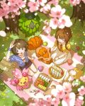  2girls bag ball black_shorts blue_jacket braid brown_hair burmy burmy_(plant) candy cherrim cherrim_(sunshine) cherry_blossoms closed_eyes closed_mouth collared_shirt commentary_request drawstring eyelashes flower food from_above grass grey_eyes highres hood hood_down hooded_jacket jacket kneeling long_hair looking_up mele_ck multiple_girls neck_ribbon official_art onigiri open_mouth outdoors petals picnic picnic_blanket pink_flower pink_petals poke_ball poke_ball_(basic) pokemon pokemon_(creature) red_ribbon ribbon sandwich second-party_source shadow shirt short_hair short_sleeves shorts skirt smile tennis_ball thermos tray tree twin_braids vulpix watch white_skirt wrapped_candy wristwatch yellow_bag yellow_shirt 