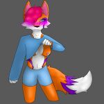  anthro blue_clothing blue_eyes blush breasts canid canine clothing embarrassed female flashing fluffy fluffy_tail fox fur grey_background hair hi_res humanoid looking_away mammal nova_(biolumine) orange_body orange_fur presenting presenting_breasts red_hair simple_background solo white_body white_fingers white_fur 