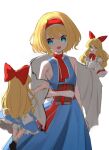  3girls alice_margatroid aqua_eyes bare_shoulders blonde_hair blue_dress bow breasts capelet dress frills grimoire_of_alice hair_bow hairband highres multiple_girls neckerchief oeyama red_bow red_neckerchief red_sash sash shanghai_doll sleeveless sleeveless_dress small_breasts touhou white_background white_dress 
