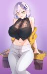  1girl :p black_shirt blush braid braided_bangs breasts commentary crop_top earrings feather_hair_ornament feathers grey_hair hair_between_eyes hair_ornament highres hololive hololive_indonesia huge_breasts jewelry looking_at_viewer myumi navel official_alternate_costume official_alternate_hairstyle pants pavolia_reine pavolia_reine_(indonesian_casual) print_shawl shawl shirt short_hair simple_background sleeveless smile solo tongue tongue_out twitter_username untranslatable_commentary virtual_youtuber yellow_shawl 