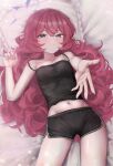  1girl absurdres ahiru_(ahahahahiru) black_camisole black_shorts blue_archive breasts camisole commentary_request dolphin_shorts halo highres iroha_(blue_archive) long_hair looking_at_viewer lying navel on_back pillow purple_halo red_hair shorts small_breasts solo 
