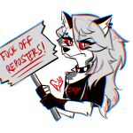 1:1 anthro canid canid_demon canine colored demon ear_piercing ear_ring english_text female fur gothiicprince grey_body grey_fur grey_hair hair hellaverse hellhound helluva_boss hi_res long_hair loona_(helluva_boss) mammal mythological_canine mythological_creature mythology piercing pupils red_sclera ring_piercing sign simple_background slit_pupils solo text white_body white_eyes white_fur