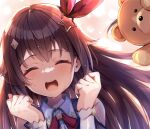  1girl :d absurdres bangs bare_shoulders bear blush brown_hair clenched_hands closed_eyes collared_shirt diamond_hair_ornament eyebrows_visible_through_hair hair_between_eyes hair_flaps hair_ornament hair_ribbon highres hololive long_hair mm_(mm_chair) neck_ribbon open_mouth red_ribbon ribbon shirt sleeveless sleeveless_shirt smile solo star_(symbol) star_hair_ornament stuffed_animal stuffed_toy sweat teddy_bear teeth tokino_sora virtual_youtuber wrist_cuffs 