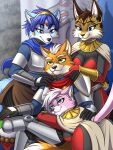 2026 anthro anthro_on_anthro blue_body blue_fur blue_hair breasts canid canine clothed clothed_anthro clothed_male clothing digital_media_(artwork) domestic_cat eyebrows felid feline felis female fingers fox fox_mccloud fur group hair heresy_(artist) hi_res katt_monroe krystal_(star_fox) lancer:_the_knights_of_fenris lynx male male/female mammal markings miyu_(star_fox) nintendo orange_body orange_fur pink_body pink_fur slippy_toad smile spots spotted_body spotted_fur star_fox white_body white_fur yellow_body yellow_fur