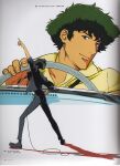  2004 absurdres cowboy_bebop dancing driving dual_persona green_hair headphones highres listening_to_music nose official_art pants red_eyes scan shirt spike_spiegel spiked_hair yellow_shirt 