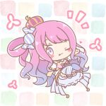  1girl ;p asymmetrical_legwear blue_thighhighs blush_stickers breasts candy_hair_ornament chibi commentary_request crown detached_sleeves dress food-themed_hair_ornament gradient_hair hair_ornament heart highres himemori_luna himemori_luna_(1st_costume) hololive long_hair looking_at_viewer medium_breasts mini_crown mismatched_legwear mitarashi_neko multicolored_hair notice_lines one_eye_closed one_side_up pink_dress pink_hair puffy_short_sleeves puffy_sleeves purple_eyes purple_hair short_sleeves shorts solo striped_clothes striped_thighhighs thighhighs tongue tongue_out vertical-striped_clothes vertical-striped_thighhighs very_long_hair virtual_youtuber white_shorts white_sleeves 