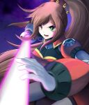  1girl android armor breasts brown_hair commentary energy_sword english_commentary gloves green_eyes hair_between_eyes high_ponytail holding holding_sword holding_weapon iris_(mega_man) iris_-another-_(mega_man) large_breasts long_hair looking_at_viewer mega_man_(series) mega_man_x_(series) mega_man_x_dive military military_uniform open_mouth ponytail rapier red_armor screaming simple_background solo standing sword very_long_hair wavechan weapon 