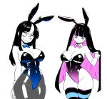  2girls absurdres animal_ears bags_under_eyes bare_shoulders black_hair black_leotard blue_bow blue_bowtie blue_eyes blue_leotard blunt_bangs blush bow bowtie breasts cleavage closed_mouth colored_inner_hair covered_navel detached_collar fake_animal_ears fake_tail highleg highleg_leotard highres large_breasts leotard long_hair looking_at_viewer lughost multicolored_hair multiple_girls noss_&amp;_zakuro noss_(rariatto) panty_&amp;_stocking_with_garterbelt pantyhose pink_hair playboy_bunny rabbit_ears rabbit_tail smile stocking_(psg) strapless strapless_leotard streaked_hair striped_clothes striped_leggings striped_thighhighs tail thighhighs traditional_bowtie two-tone_hair vampire wavy_mouth white_hair white_wrist_cuffs wrist_cuffs 