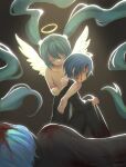  1boy 1girl absurdly_long_hair angel angel_wings aqua_hair backlighting black_jacket black_pants blood blood_in_hair blood_on_clothes blood_on_face blue_hair closed_eyes comforting commentary crossover crying crying_with_eyes_open ensemble_stars! floating_hair from_behind from_side hair_between_eyes hair_tie halo hand_on_own_shoulder hatsune_miku highres hug hugging_own_legs injury jacket knees_up light_particles long_hair long_sleeves lying minnieeeworld nude on_side open_mouth out_of_body pants raised_inner_eyebrows short_hair sitting smile tears tojo_kaname unconscious untranslatable_commentary very_long_hair vocaloid white_wings wings yellow_eyes yellow_halo 