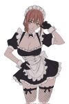  1girl apron black_bow black_bowtie black_dress black_gloves bow bow_legwear bowtie braid braided_ponytail breasts chainsaw_man cleavage closed_mouth detached_collar dress fishnet_thighhighs fishnets frilled_apron frills gloves hand_on_own_hip hand_up highres long_hair looking_at_viewer maid maid_apron maid_headdress makima_(chainsaw_man) medium_breasts pcharlesart puffy_short_sleeves puffy_sleeves red_hair ringed_eyes short_sleeves simple_background solo thighhighs waist_apron white_apron white_background wrist_cuffs yellow_eyes 