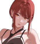  1girl between_breasts black_bra black_necktie bra braid braided_ponytail breasts chainsaw_man cleavage close-up clothes_between_breasts collarbone commentary head_tilt highres lingerie lips long_hair makima_(chainsaw_man) medium_breasts necktie necktie_between_breasts pcharlesart portrait red_hair ringed_eyes sidelocks simple_background solo underwear white_background yellow_eyes 