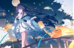  1girl absurdres architecture bare_shoulders breasts chinese_commentary cleavage commentary_request dress east_asian_architecture fish flying_fish full_moon hand_fan highres holding holding_fan honkai_(series) honkai_impact_3rd large_breasts long_hair mayyy moon night outdoors purple_eyes purple_hair raiden_mei salmon solo very_long_hair white_dress 