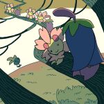  branch cherrim cherrim_(overcast) cherrim_(sunshine) commentary_request looking_up no_humans oddish open_mouth pink_eyes pokemon pokemon_(creature) saboteri_(savot) sitting smile 