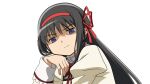 1girl 6kan akemi_homura black_hair closed_mouth commentary_request earrings hair_ribbon head_rest highres jewelry juliet_sleeves long_hair long_sleeves looking_at_viewer mahou_shoujo_madoka_magica mahou_shoujo_madoka_magica:_hangyaku_no_monogatari mahou_shoujo_madoka_magica_(anime) mitakihara_school_uniform puffy_sleeves purple_eyes red_ribbon ribbon school_uniform shaded_face simple_background single_earring solo upper_body white_background 