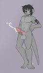  anthro balls big_balls big_penis black_hair bodily_fluids cum fur genital_fluids genitals grey_body grey_fur hair hi_res humanoid_genitalia humanoid_penis male mammal mustelid otter penis shaun_lutra_(voxxen) solo sweat tattoo vein veiny_penis voxxen 