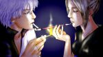  1boy 1girl black_kimono blonde_hair check_commentary cigarette colored_eyebrows commentary_request earrings eyelashes fire fran14 gintama hadanugi_dousa half-closed_eyes holding holding_matchstick holding_smoking_pipe japanese_clothes jewelry kimono kiseru lips matches partial_commentary sakata_gintoki scar scar_on_face sidelocks sleeveless sleeveless_kimono smoke smoking smoking_pipe stitched_face stitches tsukuyo_(gintama) white_hair 