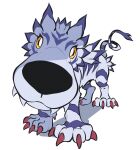  black_eyes blue_fur body_fur close-up colored_sclera commentary digimon digimon_(creature) full_body garurumon heiheihei highres looking_at_viewer nose_focus orange_sclera red_claws sharp_teeth simple_background solo teeth untranslatable_commentary white_background wolf 