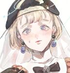  1girl blonde_hair blue_eyes close-up earrings fire_emblem fire_emblem:_three_houses hat jewelry mercedes_von_martritz mercedes_von_martritz_(timeskip) nerinriume portrait short_hair solo sweatdrop upper_body veil 