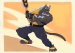 anthro armor bandai_namco black_body black_fur bottomwear candy_skully claws clothing digimon digimon_(species) digimon_beatbreak fur greatsword hair hi_res long_hair male melee_weapon murasamemon muscular muscular_anthro muscular_male pants pauldron pecs solo sword weapon white_hair