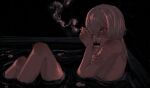  1boy arm_cutting asteriantherae backlighting bath black_background blood bruise cigarette commentary completely_nude crying crying_with_eyes_open dark english_commentary fleabane hand_on_own_arm heart heart_in_eye highres holding holding_cigarette injury male_focus medium_hair nude partially_submerged red_eyes saihate_eki self-harm smoke solo symbol_in_eye tatsunami_shion tears white_hair 