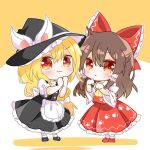  2girls :3 apron ascot black_hat black_skirt black_vest blonde_hair blush bow brown_eyes brown_hair chibi chibi_only closed_mouth commentary_request detached_sleeves frilled_bow frilled_hair_tubes frills full_body hair_bow hair_tubes hakurei_reimu hat hat_with_ears kirisame_marisa long_hair looking_at_viewer multiple_girls paw_print red_bow red_skirt ribbon-trimmed_sleeves ribbon_trim skirt skirt_set smile touhou unfinished_dream_of_all_living_ghost very_long_hair vest wakana1327 white_apron white_bow witch_hat yellow_ascot yellow_eyes 